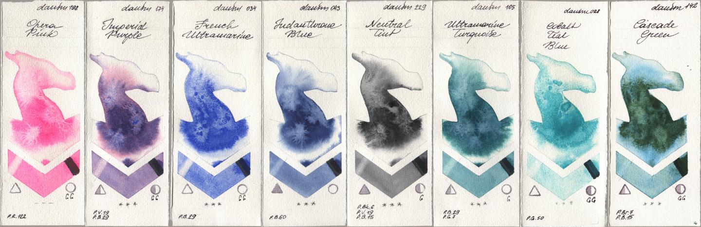 Daniel Smith 198 Opera Pink, 174 Imperial Purple, 034 French Ultramarine, 043 Indanthrone Blue, 229 Neutral Tint, 105 Ultramarine Turquoise, 028 Cobalt Teal Blue, 142 Cascade Gre watercolor swatch