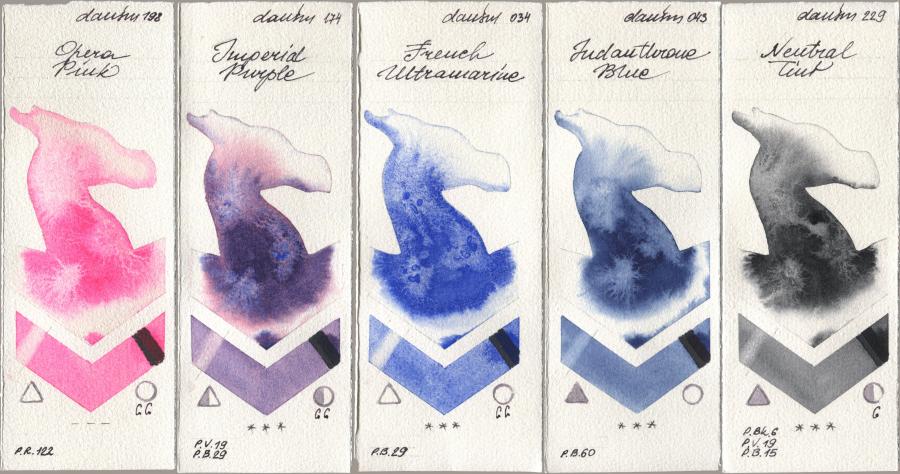 Daniel Smith 198 Opera Pink, 174 Imperial Purple, 034 French Ultramarine, 043 Indanthrone Blue, 229 Neutral Ti watercolor swatch