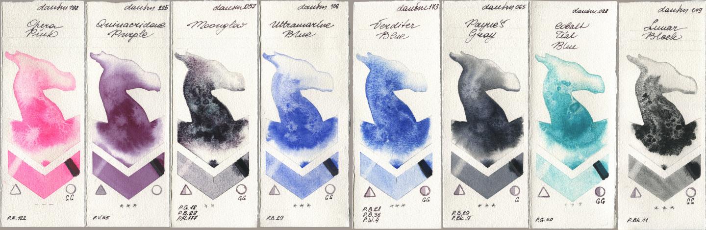 Daniel Smith 198 Opera Pink, 225 Quinacridone Purple, 057 Moonglow, 106 Ultramarine Blue, 173 Verditer Blue, 065 Paynes Gray, 028 Cobalt Teal Blue, 049 Lunar Bla watercolor swatch