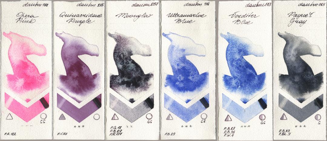 Daniel Smith 198 Opera Pink, 225 Quinacridone Purple, 057 Moonglow, 106 Ultramarine Blue, 173 Verditer Blue, 065 Paynes Gr watercolor swatch