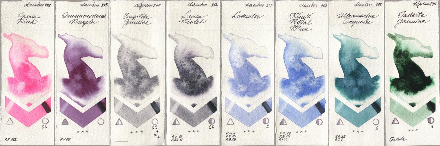 Daniel Smith 198 Opera Pink, 225 Quinacridone Purple, 200 Sugilite Genuine, 182 Lunar Violet, 232 Lavender, 252 King’s Royal Blue, 105 Ultramarine Turquoise, 195 Jadeite Genui watercolor swatch