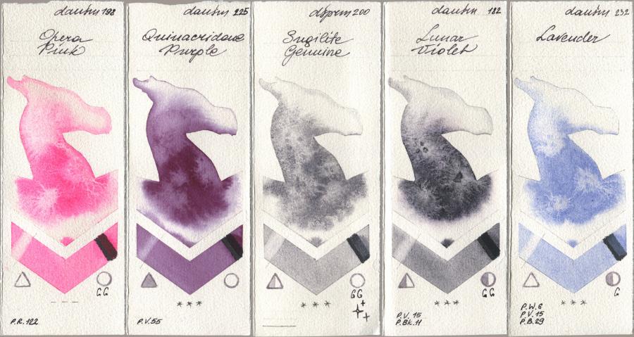 Daniel Smith 198 Opera Pink, 225 Quinacridone Purple, 200 Sugilite Genuine, 182 Lunar Violet, 232 Lavend watercolor swatch