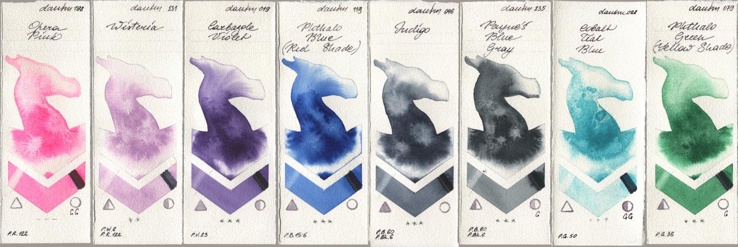 Daniel Smith 198 Opera Pink, 231 Wisteria, 019 Carbazole Violet, 119 Phthalo Blue (Red Shade), 046 Indigo, 235 Paynes Blue Gray, 028 Cobalt Teal Blue, 079 Phthalo Green (Yellow Shad watercolor swatch