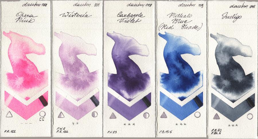 Daniel Smith 198 Opera Pink, 231 Wisteria, 019 Carbazole Violet, 119 Phthalo Blue (Red Shade), 046 Indi watercolor swatch