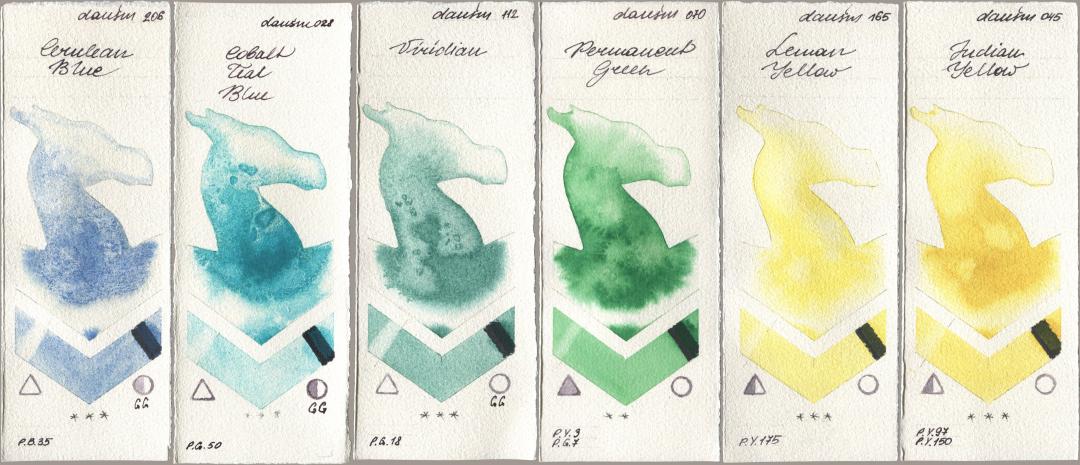 Daniel Smith 206 Cerulean Blue, 028 Cobalt Teal Blue, 112 Viridian, 070 Permanent Green, 165 Lemon Yellow, 045 Indian Yell watercolor swatch