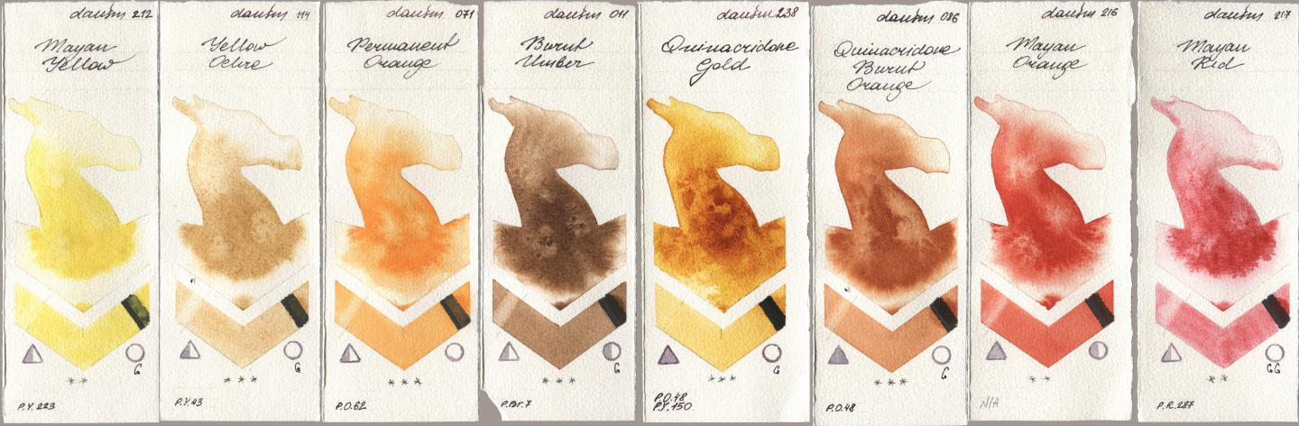 Daniel Smith 212 Mayan Yellow, 114 Yellow Ochre, 071 Permanent Orange, 011 Burnt Umber, 238 Quinacridone Gold, 086 Quinacridone Burnt Orange, 216 Mayan Orange, 217 Mayan R watercolor swatch