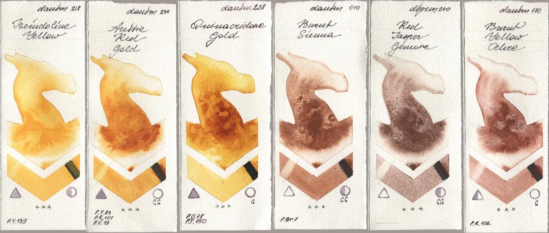 Daniel Smith 218 Isoindoline Yellow, 234 Aussie Red Gold, 238 Quinacridone Gold, 010 Burnt Sienna, 240 Red Jasper Genuine, 170 Burnt Yellow Och watercolor swatch