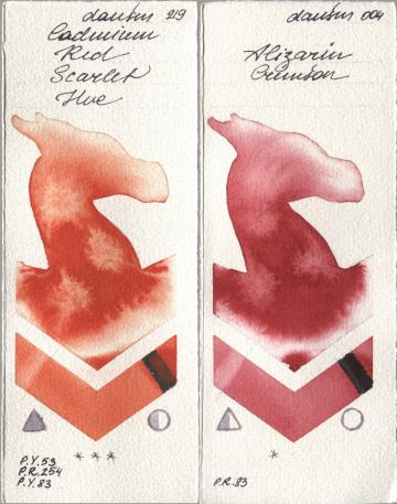 Daniel Smith 219 Cadmium Red Scarlet Hue, 004 Alizarin Crims watercolor swatch