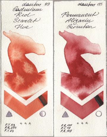 Daniel Smith 219 Cadmium Red Scarlet Hue, 185 Permanent Alizarin Crims watercolor swatch