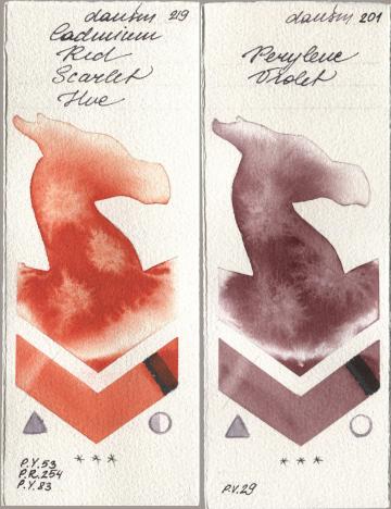 Daniel Smith 219 Cadmium Red Scarlet Hue, 201 Perylene Viol watercolor swatch