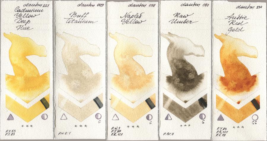 Daniel Smith 221 Cadmium Yellow Deep Hue, 009 Buff Titanium, 058 Naples Yellow, 097 Raw Umber, 234 Aussie Red Go watercolor swatch