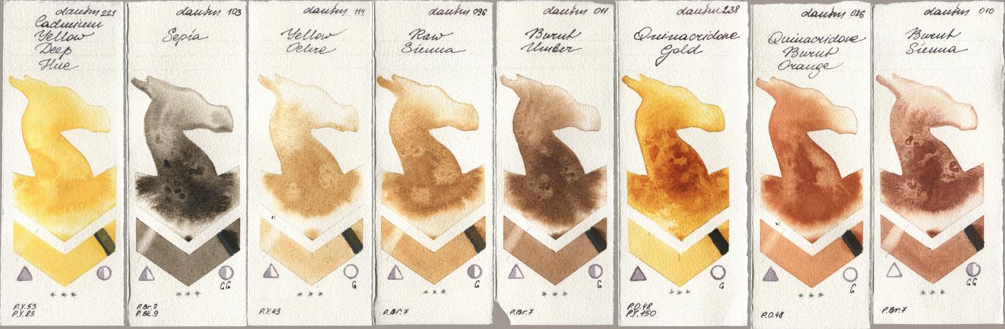 Daniel Smith 221 Cadmium Yellow Deep Hue, 103 Sepia, 114 Yellow Ochre, 096 Raw Sienna, 011 Burnt Umber, 238 Quinacridone Gold, 086 Quinacridone Burnt Orange, 010 Burnt Sien watercolor swatch