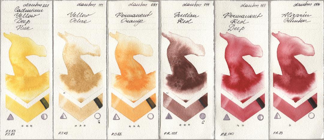Daniel Smith 221 Cadmium Yellow Deep Hue, 114 Yellow Ochre, 071 Permanent Orange, 044 Indian Red, 069 Permanent Red Deep, 004 Alizarin Crims watercolor swatch
