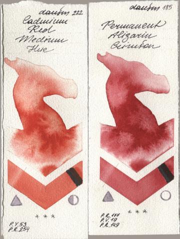 Daniel Smith 222 Cadmium Red Medium Hue, 185 Permanent Alizarin Crims watercolor swatch