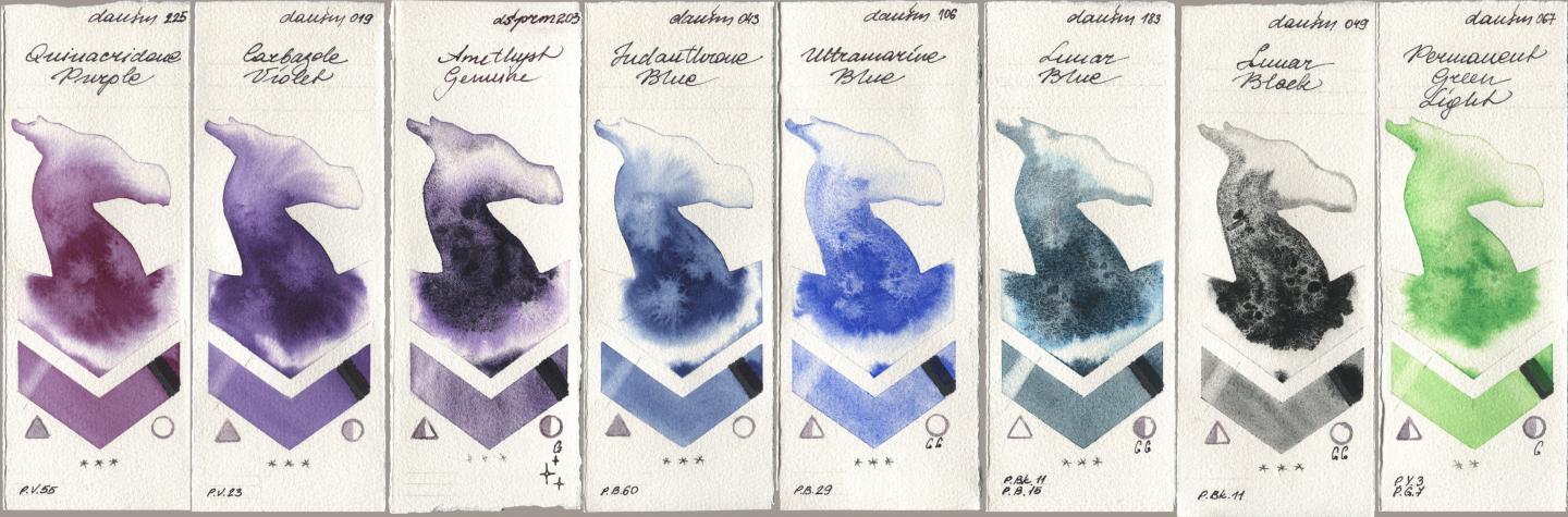 Daniel Smith 225 Quinacridone Purple, 019 Carbazole Violet, 203 Amethyst Genuine, 043 Indanthrone Blue, 106 Ultramarine Blue, 183 Lunar Blue, 049 Lunar Black, 067 Permanent Green Lig watercolor swatch
