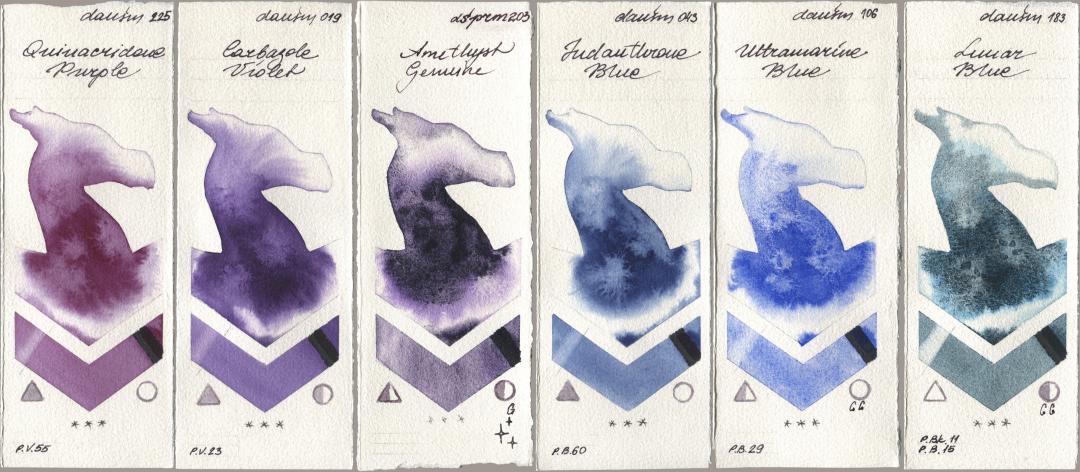 Daniel Smith 225 Quinacridone Purple, 019 Carbazole Violet, 203 Amethyst Genuine, 043 Indanthrone Blue, 106 Ultramarine Blue, 183 Lunar Bl watercolor swatch