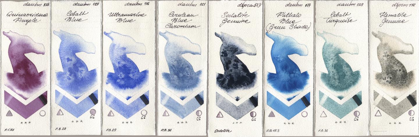 Daniel Smith 225 Quinacridone Purple, 025 Cobalt Blue, 106 Ultramarine Blue, 021 Cerulean Blue Chromium, 179 Sodalite Genuine, 077 Phthalo Blue (Green Shade), 029 Cobalt Turquoise, 156 Hematite Genui watercolor swatch