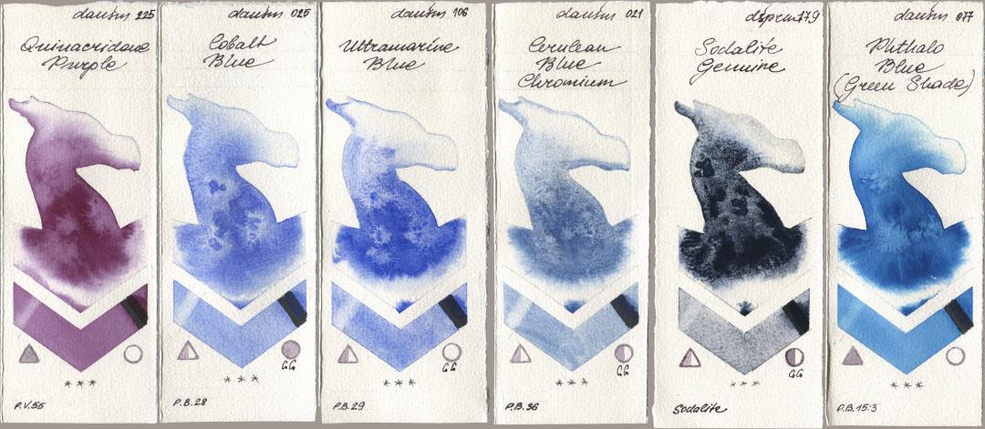 Daniel Smith 225 Quinacridone Purple, 025 Cobalt Blue, 106 Ultramarine Blue, 021 Cerulean Blue Chromium, 179 Sodalite Genuine, 077 Phthalo Blue (Green Shad watercolor swatch