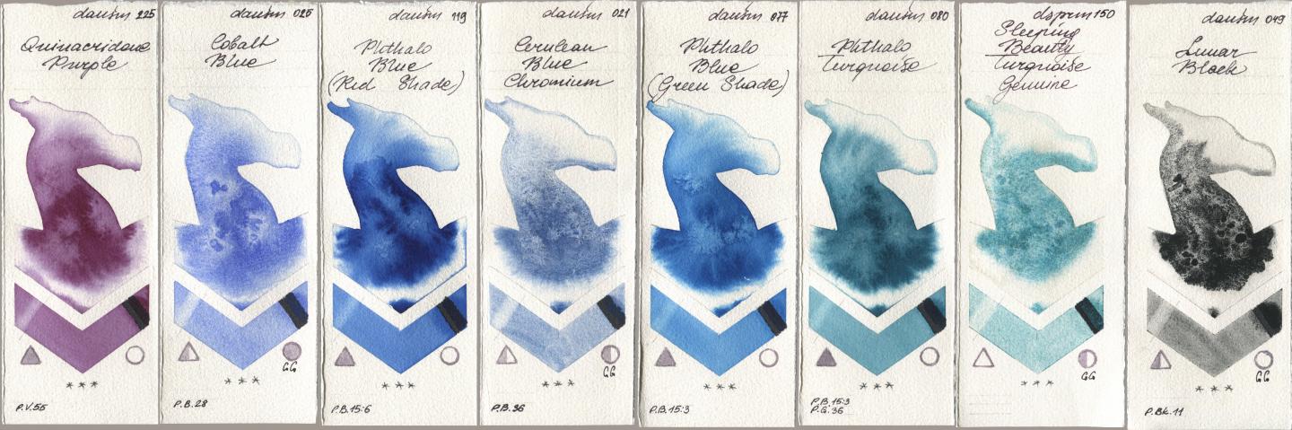 Daniel Smith 225 Quinacridone Purple, 025 Cobalt Blue, 119 Phthalo Blue (Red Shade), 021 Cerulean Blue Chromium, 077 Phthalo Blue (Green Shade), 080 Phthalo Turquoise, 150 Sleeping Beauty Turquoise Genuine, 049 Lunar Bla watercolor swatch