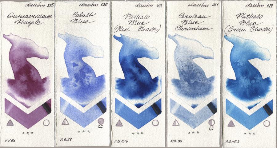 Daniel Smith 225 Quinacridone Purple, 025 Cobalt Blue, 119 Phthalo Blue (Red Shade), 021 Cerulean Blue Chromium, 077 Phthalo Blue (Green Shad watercolor swatch