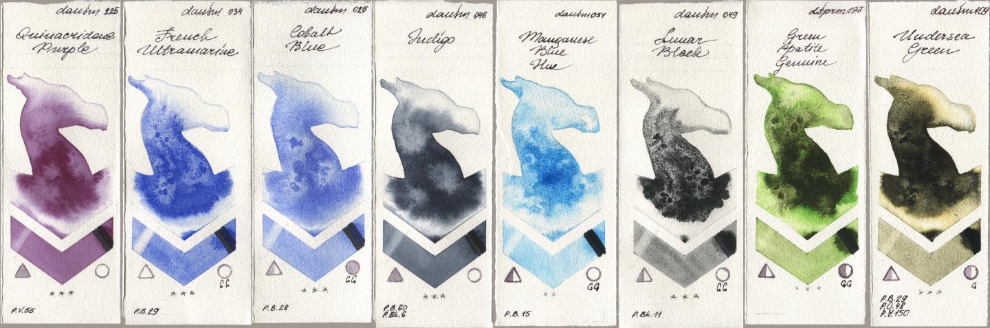 Daniel Smith 225 Quinacridone Purple, 034 French Ultramarine, 025 Cobalt Blue, 046 Indigo, 051 Manganese Blue Hue, 049 Lunar Black, 197 Green Apatite Genuine, 109 Undersea Gre watercolor swatch