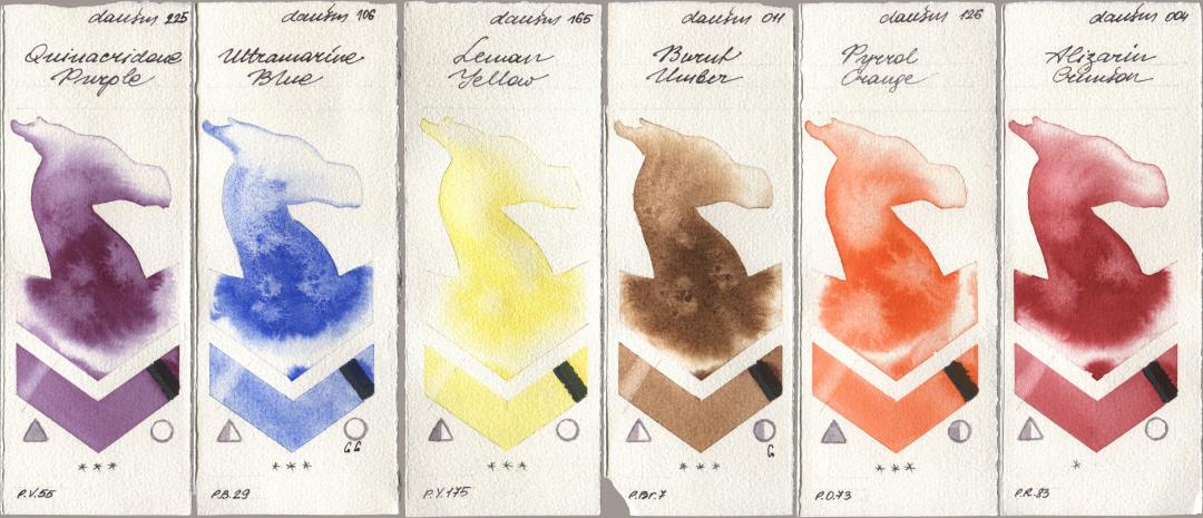 Daniel Smith 225 Quinacridone Purple, 106 Ultramarine Blue, 165 Lemon Yellow, 011 Burnt Umber, 126 Pyrrol Orange, 004 Alizarin Crims watercolor swatch