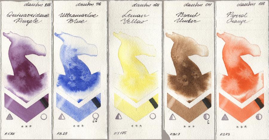Daniel Smith 225 Quinacridone Purple, 106 Ultramarine Blue, 165 Lemon Yellow, 011 Burnt Umber, 126 Pyrrol Oran watercolor swatch