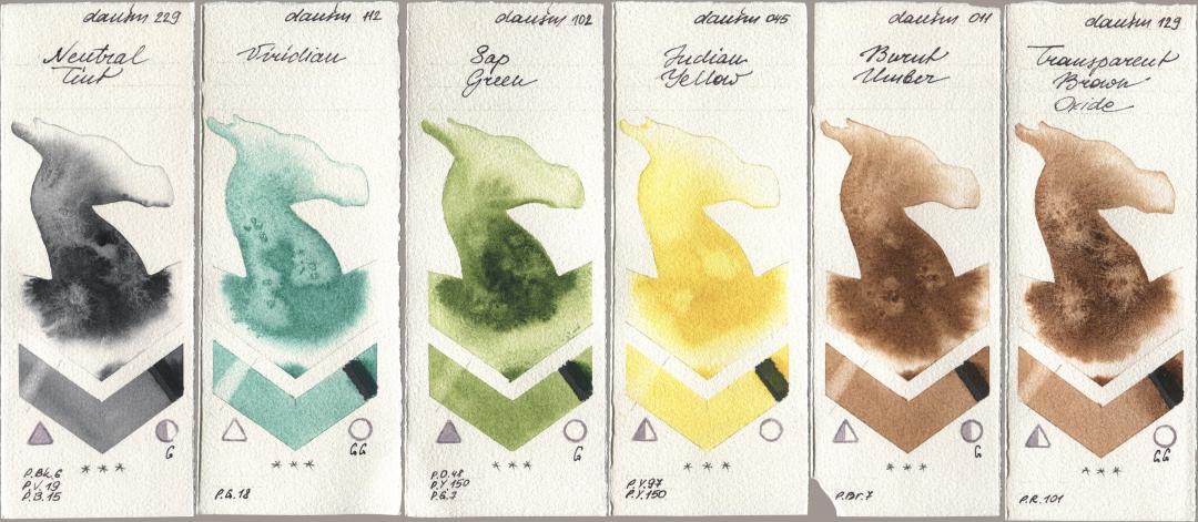 Daniel Smith 229 Neutral Tint, 112 Viridian, 102 Sap Green, 045 Indian Yellow, 011 Burnt Umber, 129 Transparent Brown Oxi watercolor swatch