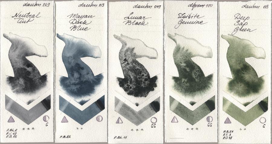 Daniel Smith 229 Neutral Tint, 213 Mayan Dark Blue, 049 Lunar Black, 180 Zoisite Genuine, 175 Deep Sap Gre watercolor swatch