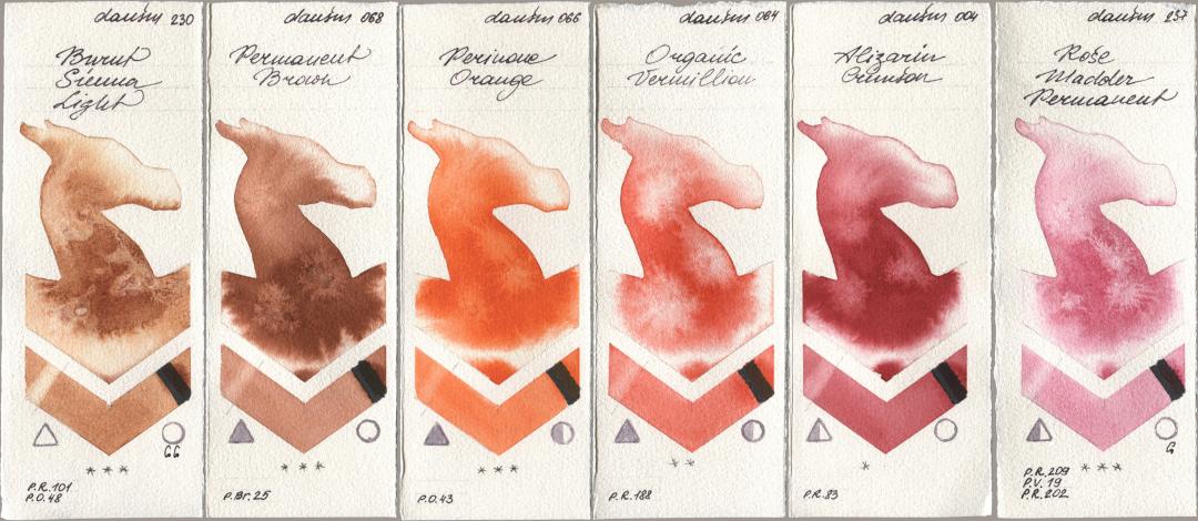Daniel Smith 230 Burnt Sienna Light, 068 Permanent Brown, 066 Perinone Orange, 064 Organic Vermilion, 004 Alizarin Crimson, 237 Rose Madder Permane watercolor swatch