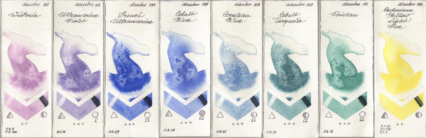 Daniel Smith 231 Wisteria, 108 Ultramarine Violet, 034 French Ultramarine, 025 Cobalt Blue, 206 Cerulean Blue, 029 Cobalt Turquoise, 112 Viridian, 192 Cadmium Yellow Light H watercolor swatch
