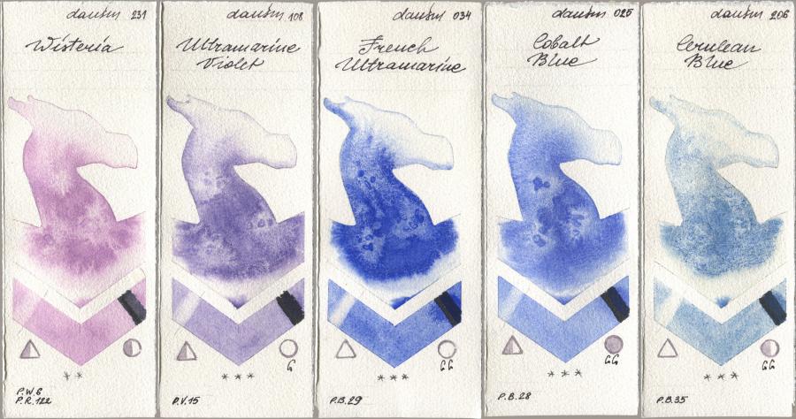 Daniel Smith 231 Wisteria, 108 Ultramarine Violet, 034 French Ultramarine, 025 Cobalt Blue, 206 Cerulean Bl watercolor swatch