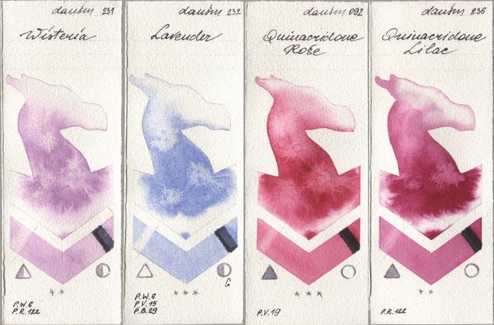 Daniel Smith 231 Wisteria, 232 Lavender, 092 Quinacridone Rose, 236 Quinacridone Lil watercolor swatch