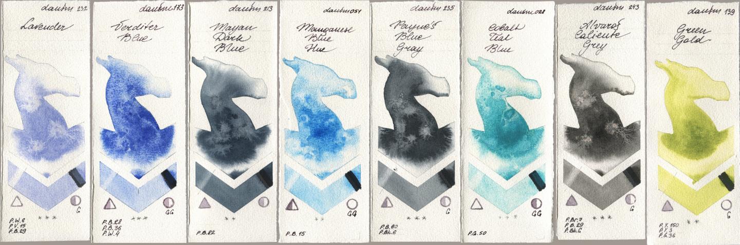Daniel Smith 232 Lavender, 173 Verditer Blue, 213 Mayan Dark Blue, 051 Manganese Blue Hue, 235 Paynes Blue Gray, 028 Cobalt Teal Blue, 243 Alvaros Caliente Grey, 139 Green Go watercolor swatch