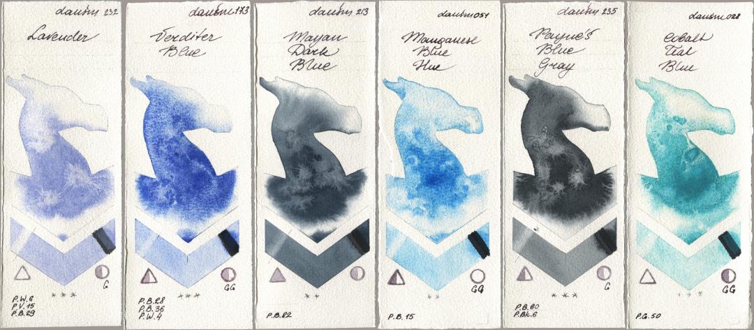 Daniel Smith 232 Lavender, 173 Verditer Blue, 213 Mayan Dark Blue, 051 Manganese Blue Hue, 235 Paynes Blue Gray, 028 Cobalt Teal Bl watercolor swatch