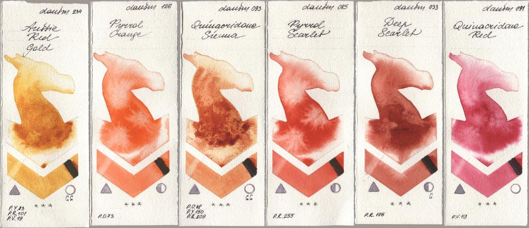 Daniel Smith 234 Aussie Red Gold, 126 Pyrrol Orange, 093 Quinacridone Sienna, 085 Pyrrol Scarlet, 033 Deep Scarlet, 091 Quinacridone R watercolor swatch