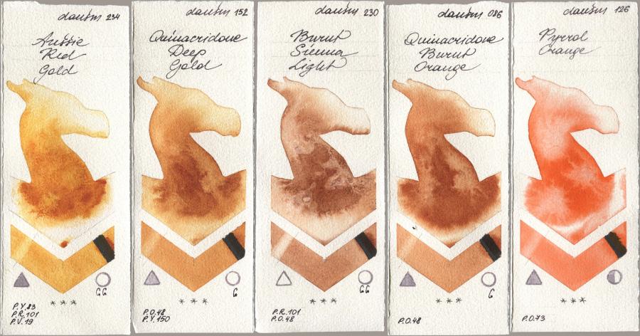 Daniel Smith 234 Aussie Red Gold, 152 Quinacridone Deep Gold, 230 Burnt Sienna Light, 086 Quinacridone Burnt Orange, 126 Pyrrol Oran watercolor swatch