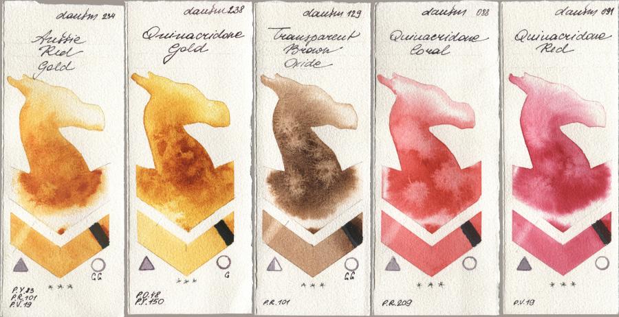 Daniel Smith 234 Aussie Red Gold, 238 Quinacridone Gold, 129 Transparent Brown Oxide, 088 Quinacridone Coral, 091 Quinacridone R watercolor swatch