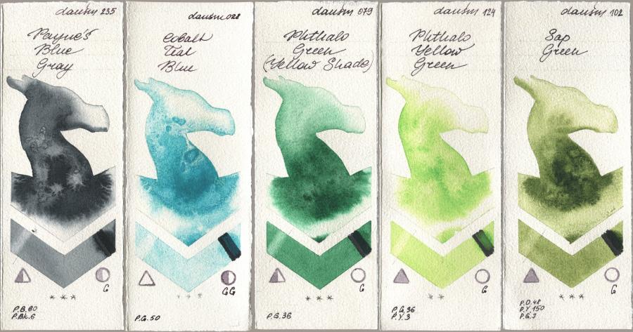 Daniel Smith 235 Paynes Blue Gray, 028 Cobalt Teal Blue, 079 Phthalo Green (Yellow Shade), 124 Phthalo Yellow Green, 102 Sap Gre watercolor swatch