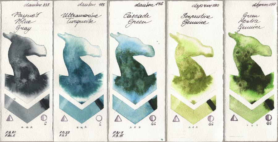 Daniel Smith 235 Paynes Blue Gray, 105 Ultramarine Turquoise, 142 Cascade Green, 190 Serpentine Genuine, 197 Green Apatite Genui watercolor swatch