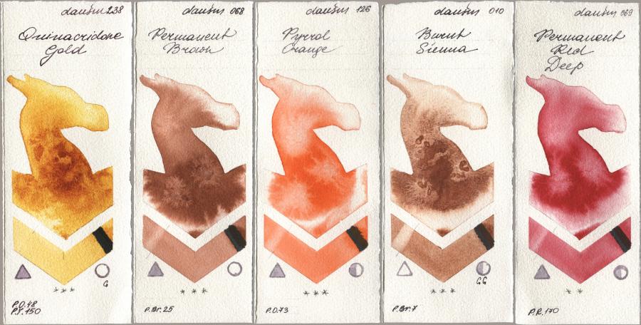 Daniel Smith 238 Quinacridone Gold, 068 Permanent Brown, 126 Pyrrol Orange, 010 Burnt Sienna, 069 Permanent Red De watercolor swatch