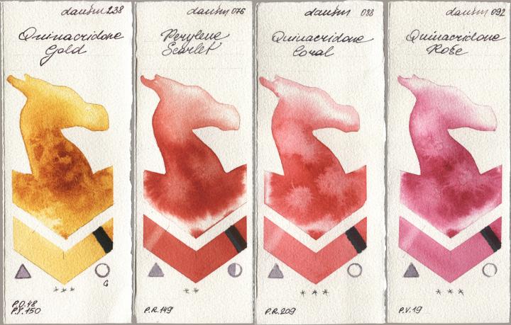 Daniel Smith 238 Quinacridone Gold, 076 Perylene Scarlet, 088 Quinacridone Coral, 092 Quinacridone Ro watercolor swatch