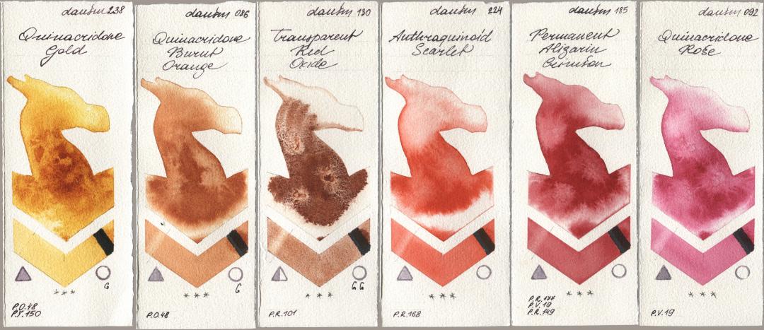 Daniel Smith 238 Quinacridone Gold, 086 Quinacridone Burnt Orange, 130 Transparent Red Oxide, 224 Anthraquinoid Scarlet, 185 Permanent Alizarin Crimson, 092 Quinacridone Ro watercolor swatch