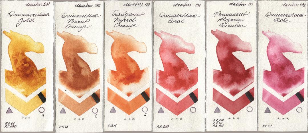 Daniel Smith 238 Quinacridone Gold, 086 Quinacridone Burnt Orange, 187 Transparent Pyrrol Orange, 088 Quinacridone Coral, 185 Permanent Alizarin Crimson, 092 Quinacridone Ro watercolor swatch