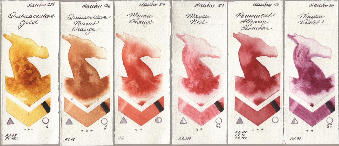 Daniel Smith 238 Quinacridone Gold, 086 Quinacridone Burnt Orange, 216 Mayan Orange, 217 Mayan Red, 185 Permanent Alizarin Crimson, 214 Mayan Viol watercolor swatch