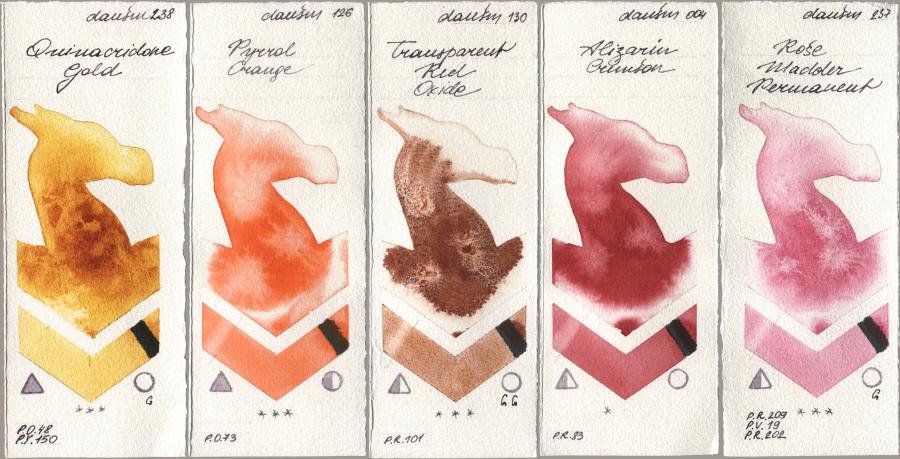 Daniel Smith 238 Quinacridone Gold, 126 Pyrrol Orange, 130 Transparent Red Oxide, 004 Alizarin Crimson, 237 Rose Madder Permane watercolor swatch