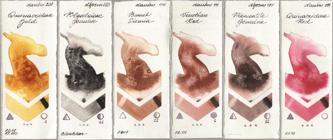 Daniel Smith 238 Quinacridone Gold, 193 Bloodstone Genuine, 010 Burnt Sienna, 111 Venetian Red, 191 Piemontite Genuine, 091 Quinacridone R watercolor swatch