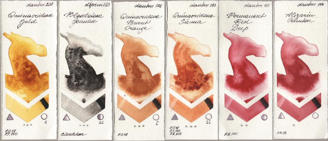 Daniel Smith 238 Quinacridone Gold, 193 Bloodstone Genuine, 086 Quinacridone Burnt Orange, 093 Quinacridone Sienna, 069 Permanent Red Deep, 004 Alizarin Crims watercolor swatch