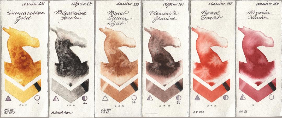 Daniel Smith 238 Quinacridone Gold, 193 Bloodstone Genuine, 230 Burnt Sienna Light, 191 Piemontite Genuine, 085 Pyrrol Scarlet, 004 Alizarin Crims watercolor swatch