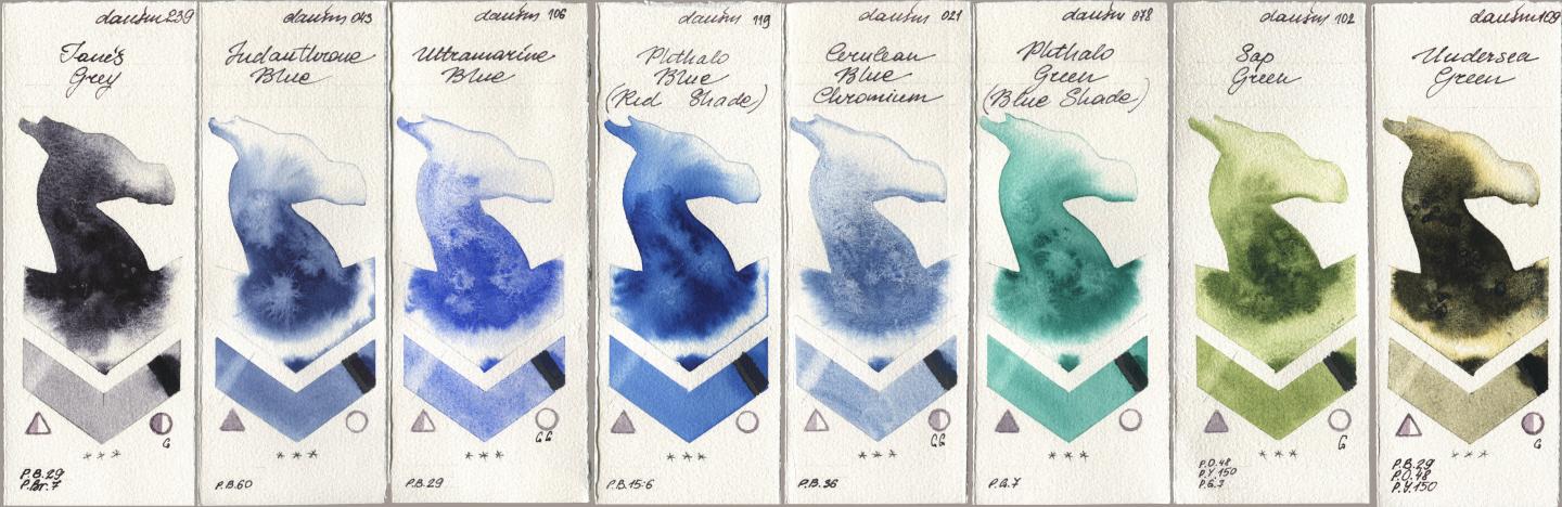 Daniel Smith 239 Janes Grey, 043 Indanthrone Blue, 106 Ultramarine Blue, 119 Phthalo Blue (Red Shade), 021 Cerulean Blue Chromium, 078 Phthalo Green (Blue Shade), 102 Sap Green, 109 Undersea Gre watercolor swatch